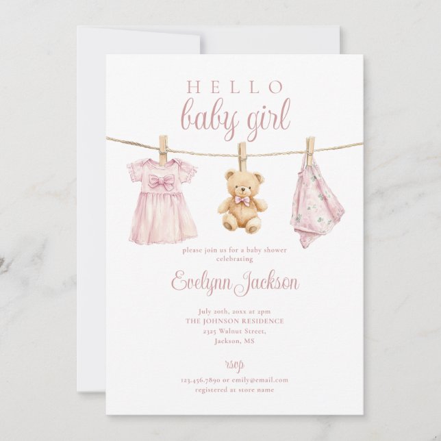 Pink Girl Clothesline Baby Shower Photo QR Code Invitation (Front)