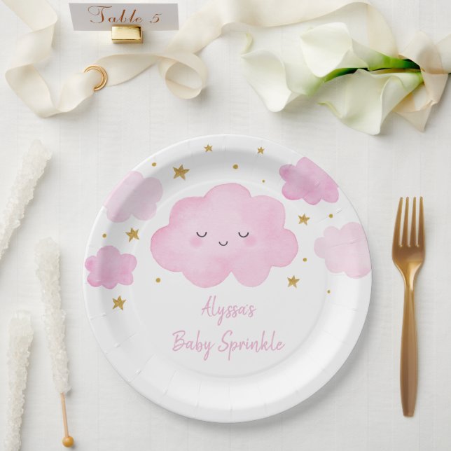 Pink Girl Cloud Stars Baby Sprinkle Paper Plate (Wedding)