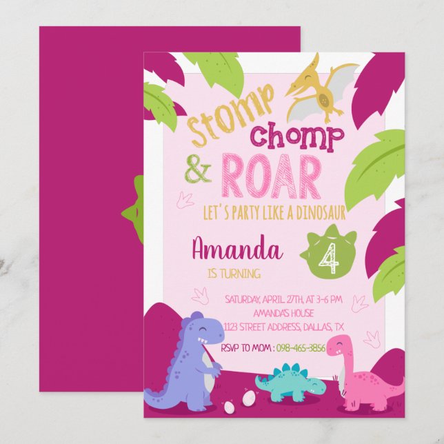 Pink Girl Dinosaur Birthday Invitation (Front/Back)
