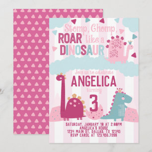 Pink Girl Dinosaur Birthday Party Themed Invitation