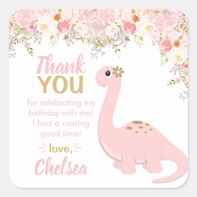 Pink Girl Dinosaur Floral Favour Square Sticker (Front)