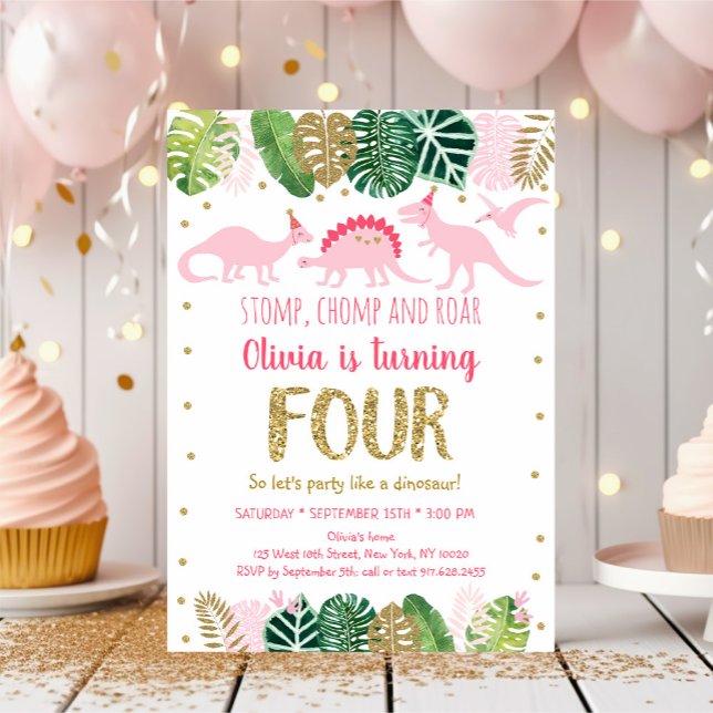 Pink Girl Dinosaur Fourth Birthday Invitation (Creator Uploaded)