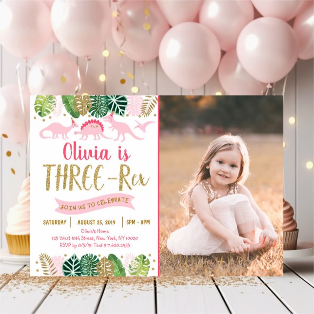 Pink Girl Dinosaur THREE REX Birthday Invitation (Creator Uploaded)