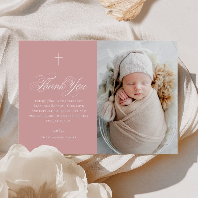 Pink Girl Elegant Cross Calligraphy Photo Baptism Thank You Card (Creator Uploaded)