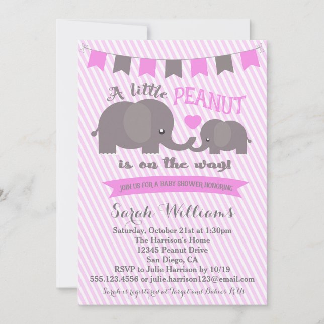 Pink Girl Elephant Peanut Baby Shower invitation (Front)
