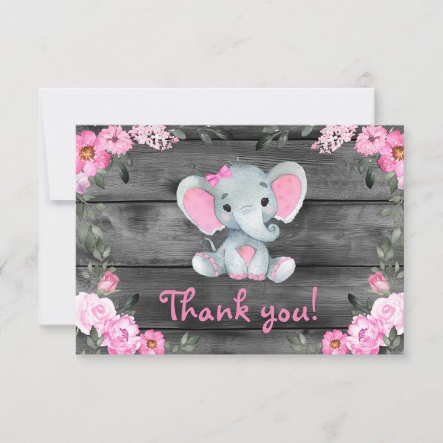Pink Girl Elephant Thank you Card Rustic Floral (Front)