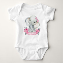 Pink Girl Elephant with Custom Name Bodysuit Roses