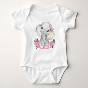 Pink Girl Elephant with Custom Name Bodysuit Roses