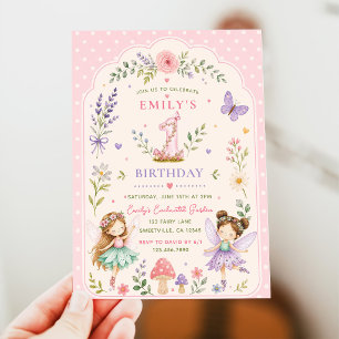 Pink Girl Fairy Garden First Birthday Party Invitation