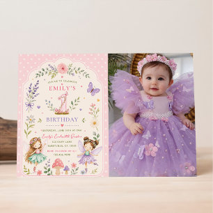 Pink Girl Fairy Garden First Birthday Party Invitation