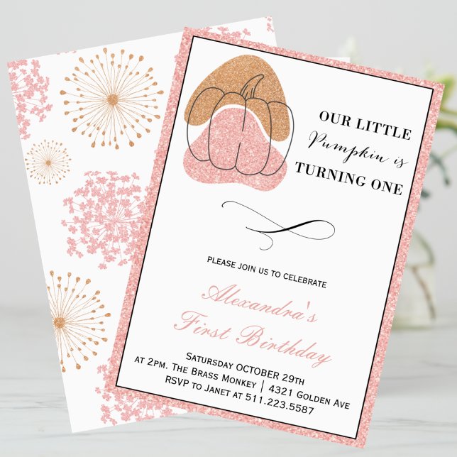 Pink Girl Fall Pumpkin Halloween 1st Birthday Invitation (Halloween-1st-Birthday-Invitation-Pink-Girl-Fall-Pumpkin-1)