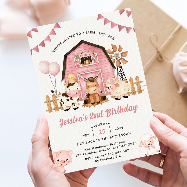Pink Girl Farm Animals 2nd Birthday Party  Invitation (Creator Uploaded)