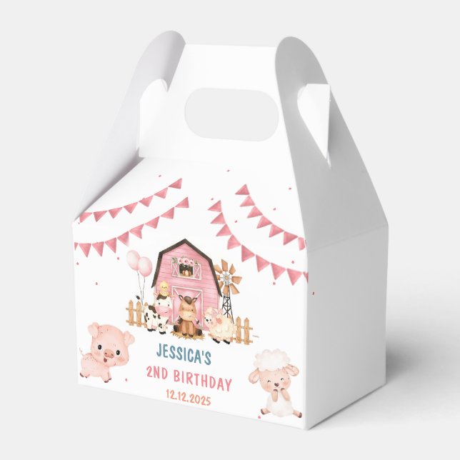 Pink Girl Farm Animals Birthday Party Favor Box (Front Side)