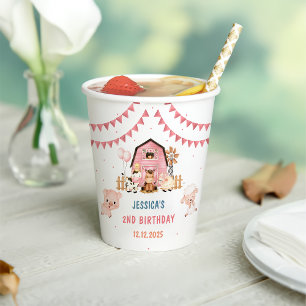 Pink Girl Farm Animals Birthday Party Paper Cups