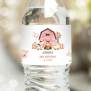 Pink Girl Farm Animals Birthday Party Water Bottle Label