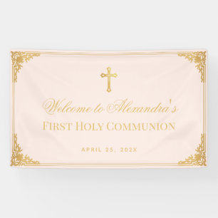 Pink Girl First Communion Faux Gold Cross Welcome  Banner