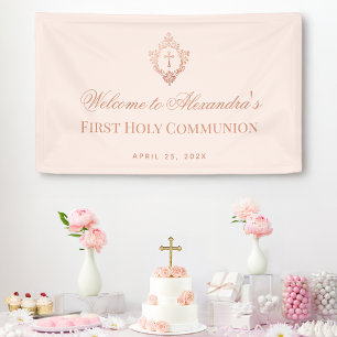Pink Girl First Communion Rose Gold Vintage Crest Banner