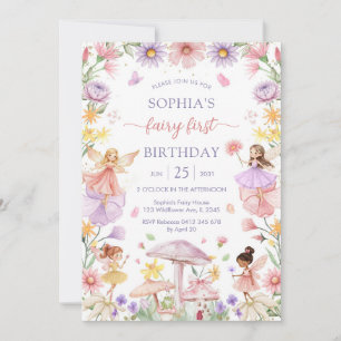 Pink Girl Floral Fairy First 1st Birthday Invitation