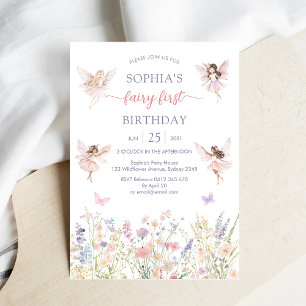 Pink Girl Floral Fairy First 1st Birthday Invitation