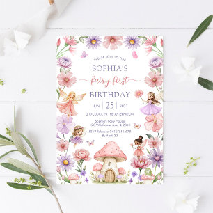 Pink Girl Floral Fairy First 1st Birthday Invitation