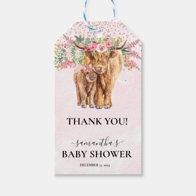 Pink Girl Floral Highland Cow Calf Baby Shower    Gift Tags (Front)