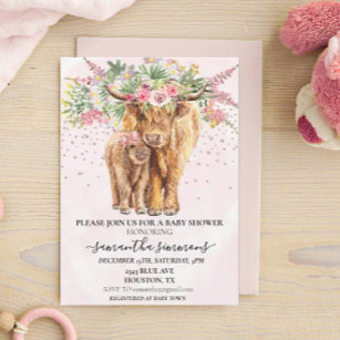 Pink Girl Floral Highland Cow Calf Baby Shower   Invitation