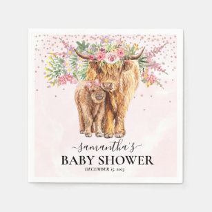 Pink Girl Floral Highland Cow Calf Baby Shower   Napkin