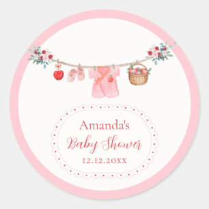 Pink Girl Flower Apple Clothesline Baby Shower Classic Round Sticker