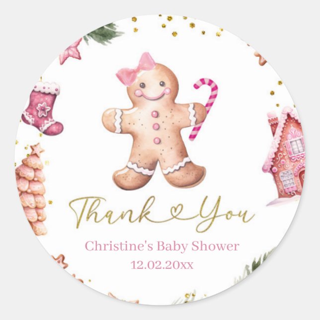 Pink Girl Gingerbread Thank You Sticker (Front)
