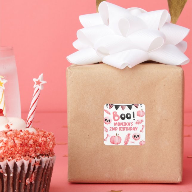 Pink Girl Halloween Party Second Birthday  Square Sticker (Party)