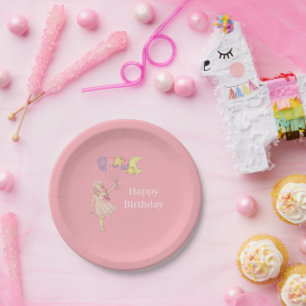 Pink Girl Heart Stars Moon Balloons Birthday Paper Plate