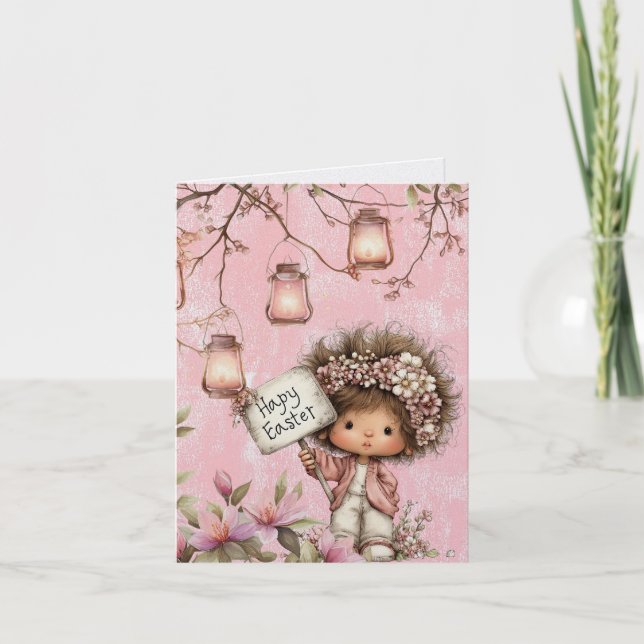 Pink Girl Holding Happy Easter Sign Lanterns Flowe Note Card (Front)