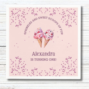 Pink Girl Ice Cream 1st Birthday Party Napkin