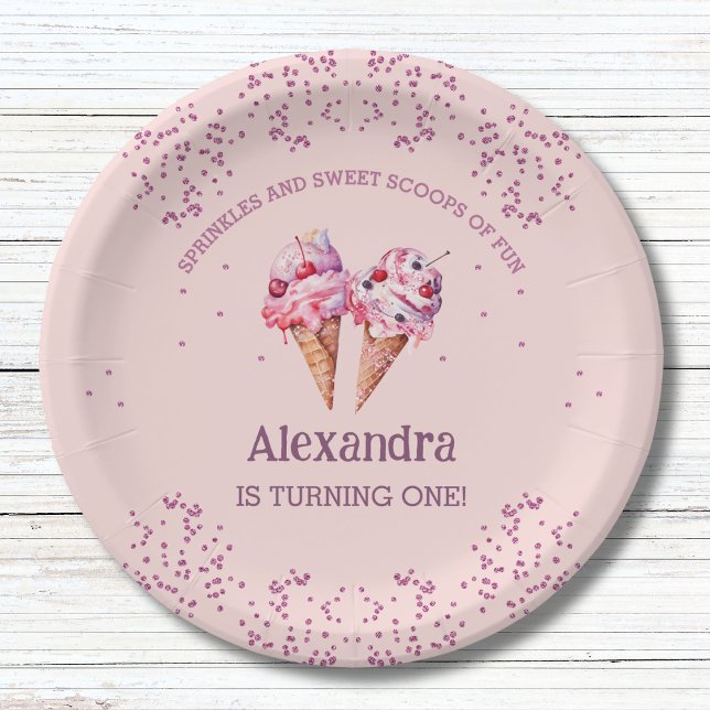 Pink Girl Ice Cream 1st Birthday Party Paper Plate (Creator Uploaded)