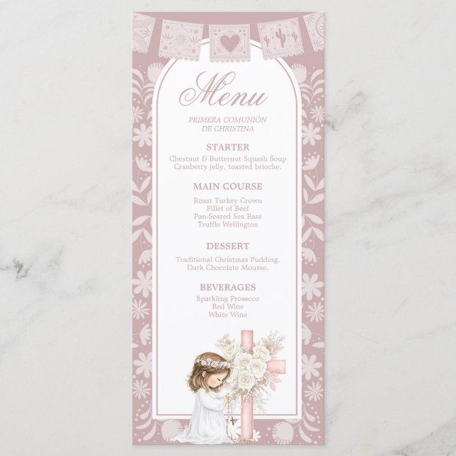 Pink Girl Kneeling Primera Comunion Menu (Front)