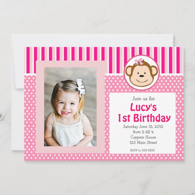 Pink Girl Monkey Birthday Invitation (Front)