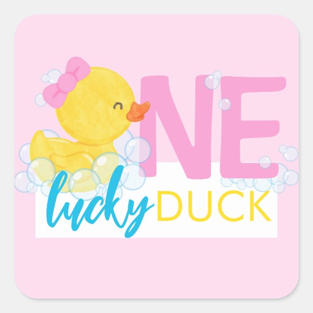 Pink Girl One Lucky Duck 1st Birthday Party Square Sticker (Front)