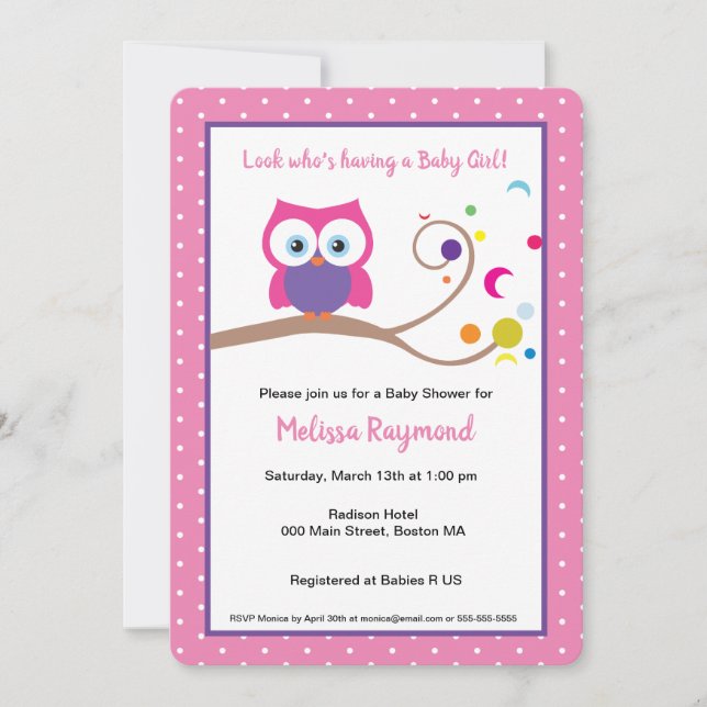 Pink Girl Owl Charming Cute Expressive Eyes  Invitation (Front)