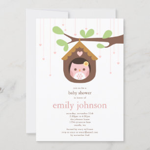 Pink Girl Owl in Birdhouse Baby Shower Invitation