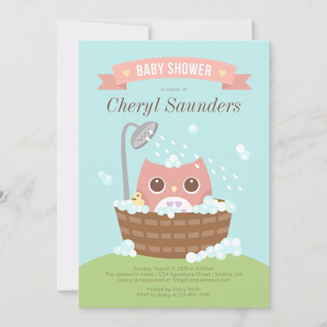 Pink Girl Owl in Wooden Tub Shower Invitation (Front)