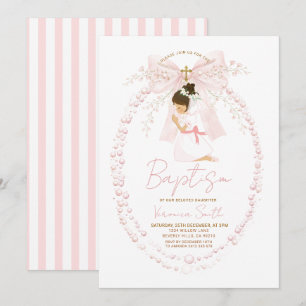Pink Girl Pearls Bow Baptism Invitation