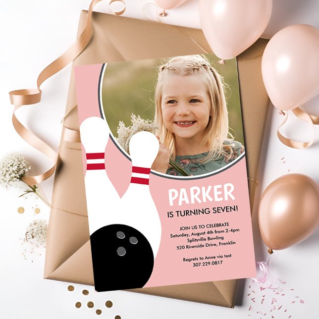 Pink Girl Photo Bowling Birthday Party  Invitation (Creator Uploaded)
