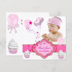 Pink Girl Photo First 1st Birthday Party Invitation