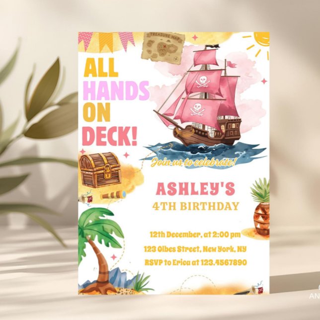 Pink Girl Pirate Thème Anniversaire invitation (pink girl pirate theme invitation, girl pirate, pirate invitation, pirate theme, pirate birthday, pi)