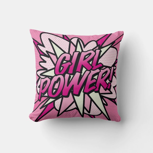 Pink GIRL POWER Fun Cool Modern Trendy Comic Book Throw Pillow (Front)