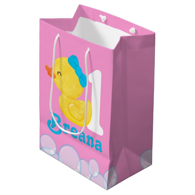 Pink Girl Rubber Duck Personalized Birthday Medium Gift Bag (Front Angled)