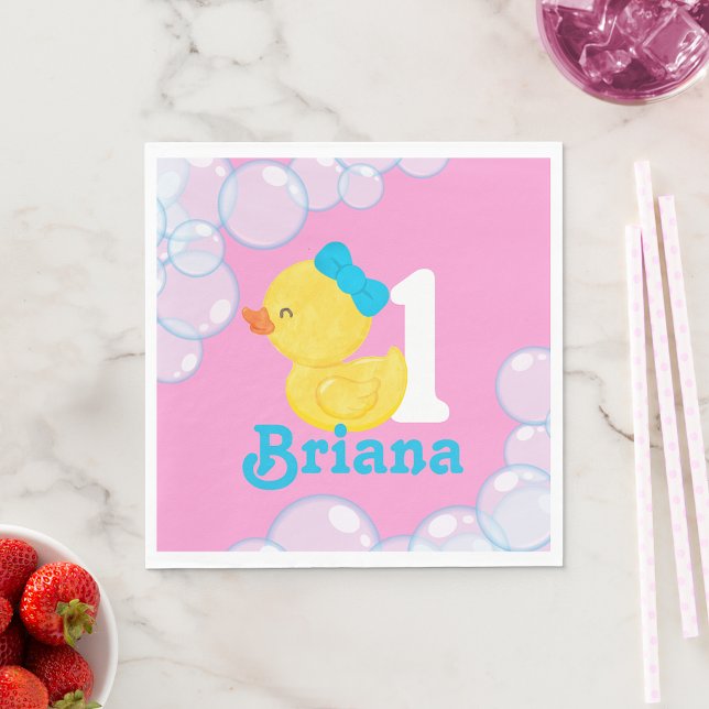 Pink Girl Rubber Duck Personalized Birthday Napkin (Creator Uploaded)