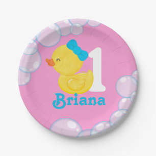 Pink Girl Rubber Duck Personalized Birthday Paper Plate