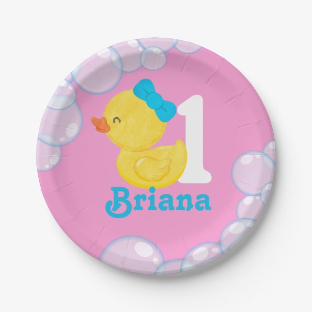 Pink Girl Rubber Duck Personalized Birthday Paper Plate (Front)