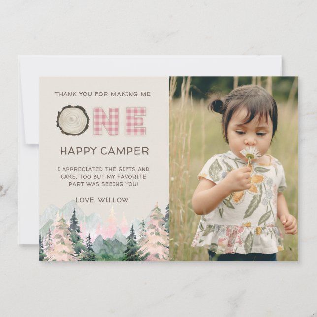 Pink Girl Rustic One Happy Camper Merci Cartes (Devant)